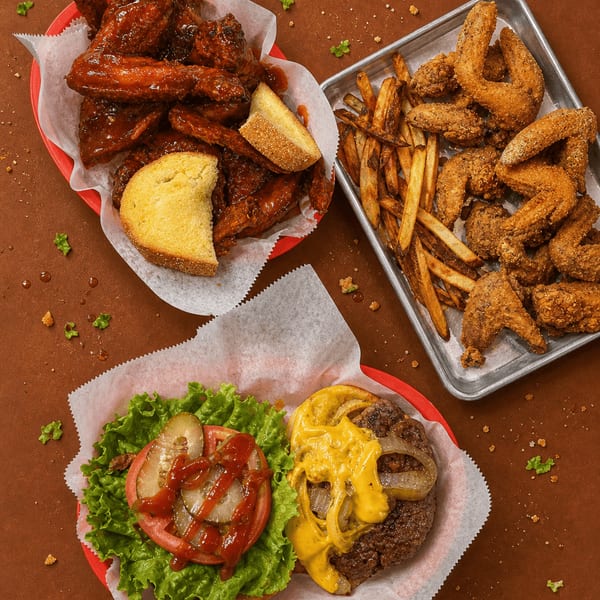 Bar and grill dishes including burgers, wings, and fries