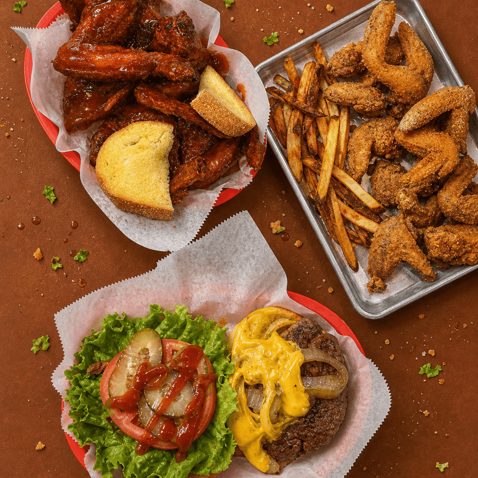 Bar and grill dishes including burgers, wings, and fries